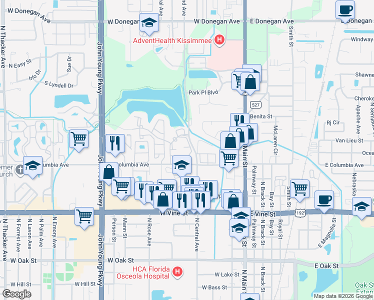 map of restaurants, bars, coffee shops, grocery stores, and more near 417 Fountainhead Circle in Kissimmee