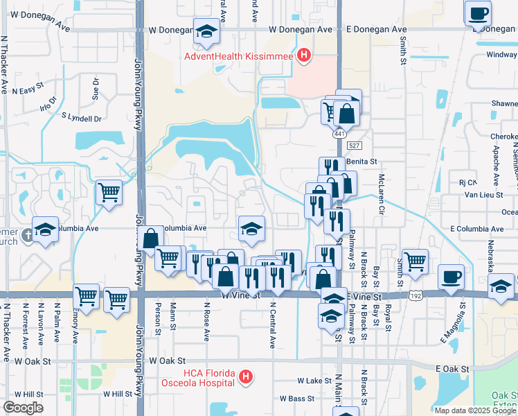 map of restaurants, bars, coffee shops, grocery stores, and more near 417 Fountainhead Circle in Kissimmee