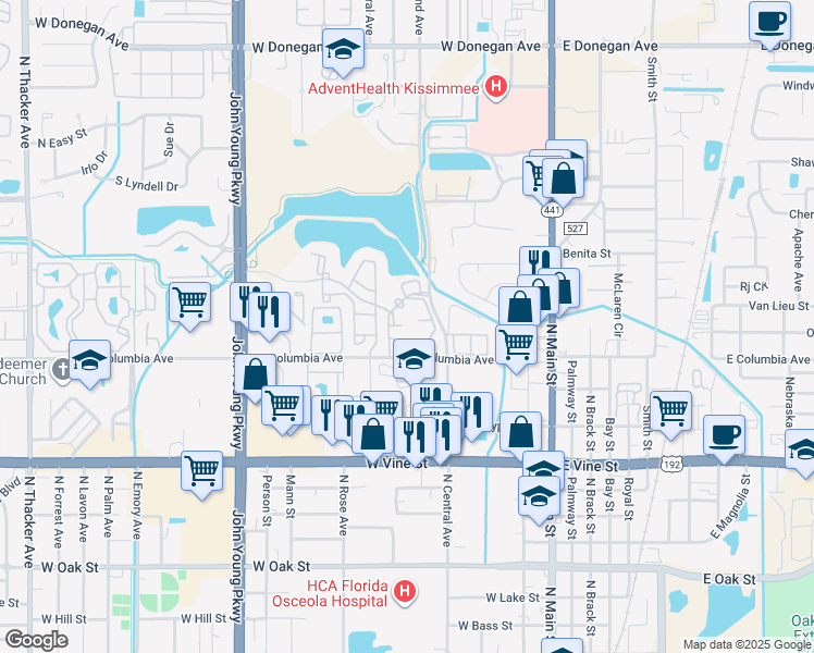 map of restaurants, bars, coffee shops, grocery stores, and more near 413 Fountainhead Circle in Kissimmee