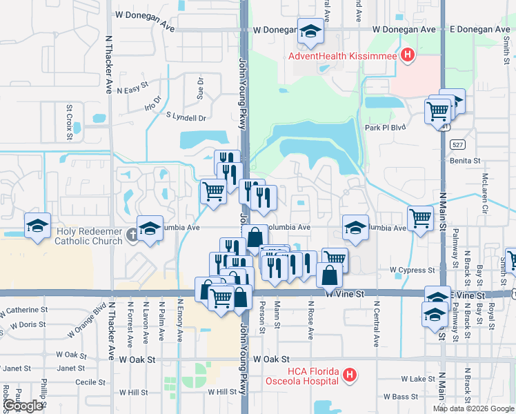 map of restaurants, bars, coffee shops, grocery stores, and more near 1131 Spring Meadow Drive in Kissimmee