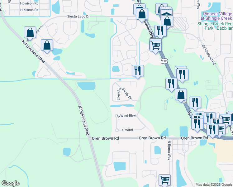 map of restaurants, bars, coffee shops, grocery stores, and more near 1914 Ellery Lane in Kissimmee