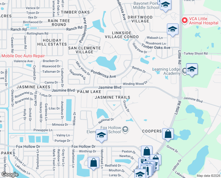 map of restaurants, bars, coffee shops, grocery stores, and more near 8325 Duval Drive in Port Richey