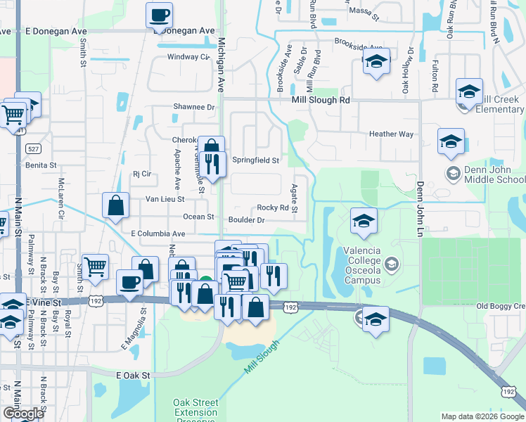 map of restaurants, bars, coffee shops, grocery stores, and more near 1355 Rocky Road in Kissimmee