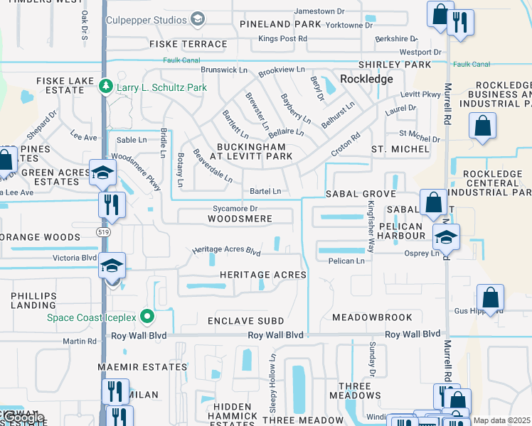map of restaurants, bars, coffee shops, grocery stores, and more near 989 Sycamore Drive in Rockledge