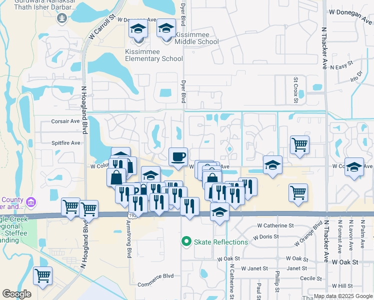 map of restaurants, bars, coffee shops, grocery stores, and more near 1828 Avon Boulevard in Kissimmee