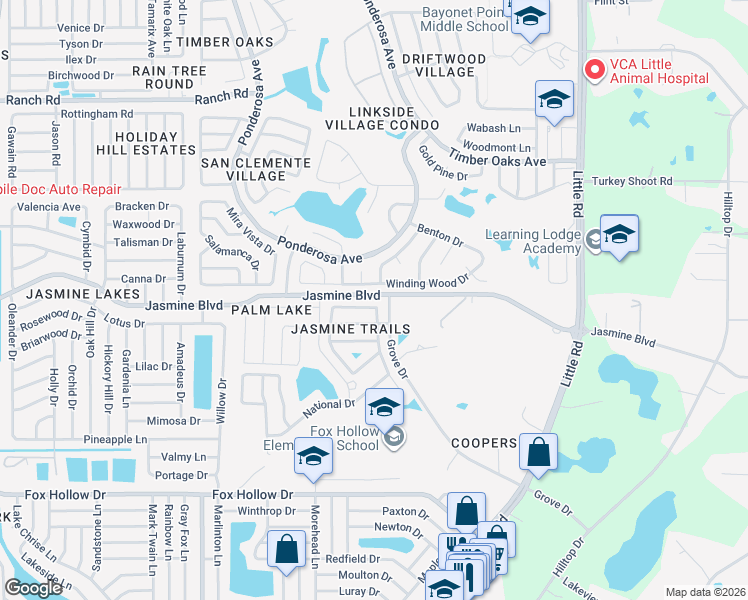 map of restaurants, bars, coffee shops, grocery stores, and more near 8419 Duval Drive in Port Richey