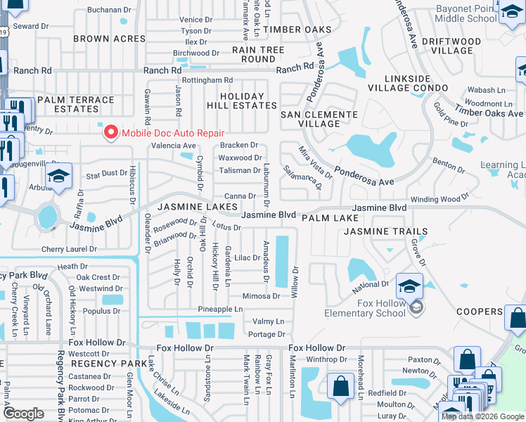 map of restaurants, bars, coffee shops, grocery stores, and more near 10438 Laburnum Drive in Port Richey