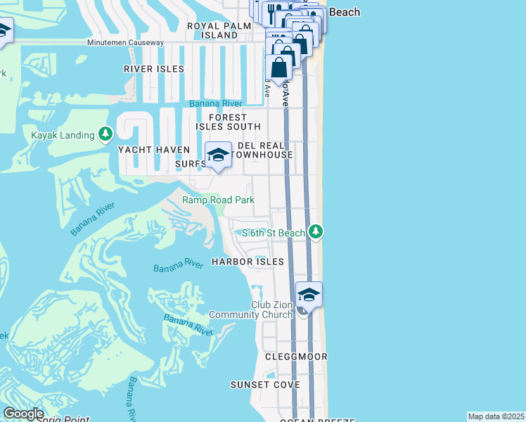 map of restaurants, bars, coffee shops, grocery stores, and more near 301 Ramp Road in Cocoa Beach