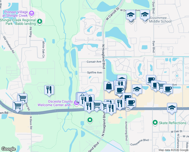 map of restaurants, bars, coffee shops, grocery stores, and more near 4144 Spitfire Avenue in Kissimmee