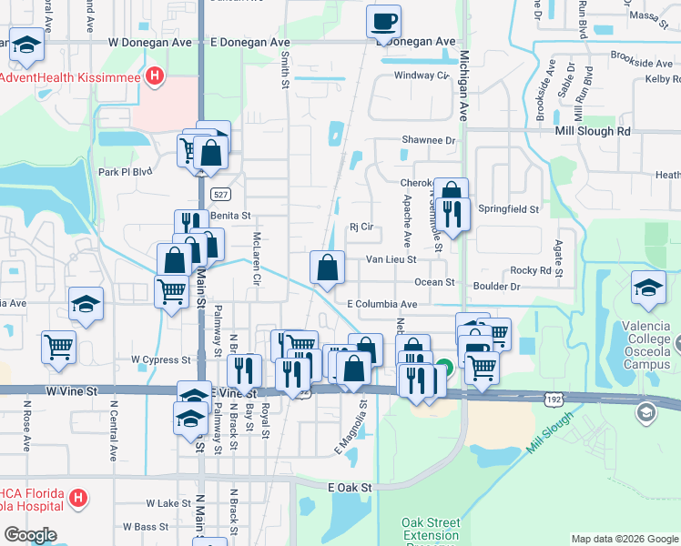map of restaurants, bars, coffee shops, grocery stores, and more near 719 Ocean Street in Kissimmee