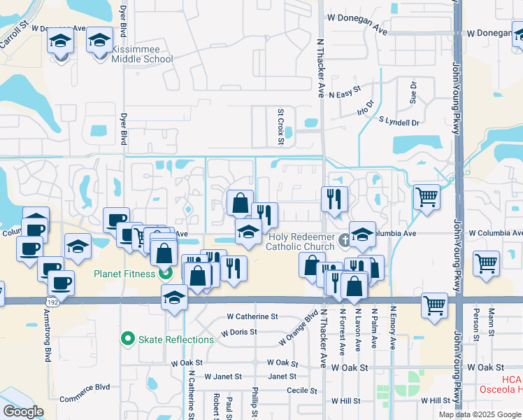 map of restaurants, bars, coffee shops, grocery stores, and more near 1916 Harbor Bay Court in Kissimmee