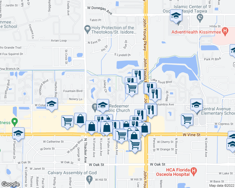 map of restaurants, bars, coffee shops, grocery stores, and more near 1934 Cattleya Drive in Kissimmee