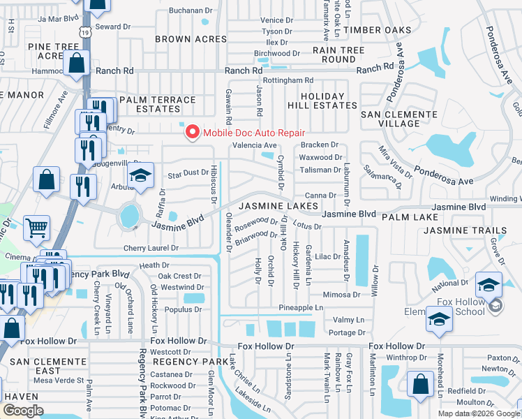map of restaurants, bars, coffee shops, grocery stores, and more near 7607 Lotus Drive in Port Richey