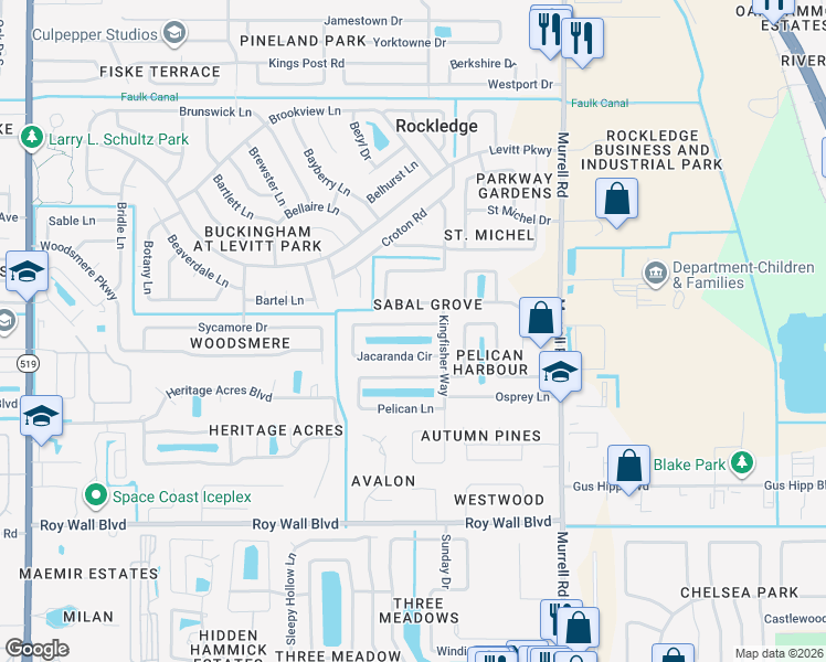 map of restaurants, bars, coffee shops, grocery stores, and more near 1013 Jacaranda Circle in Rockledge