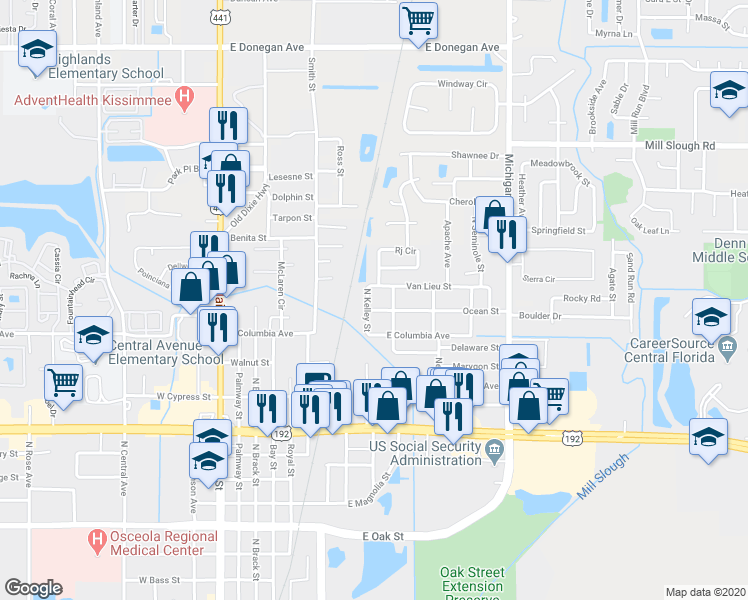 map of restaurants, bars, coffee shops, grocery stores, and more near 719 Ocean Street in Kissimmee