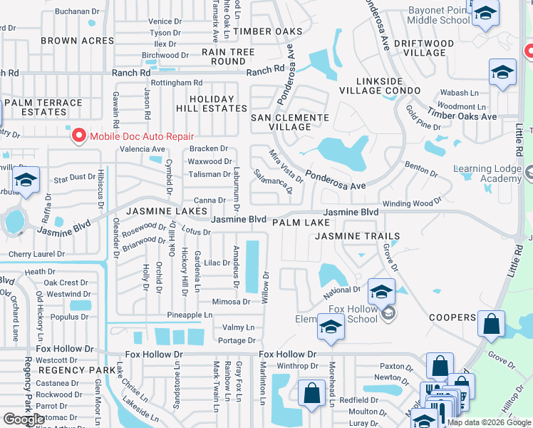 map of restaurants, bars, coffee shops, grocery stores, and more near 8031 Jasmine Boulevard in Port Richey