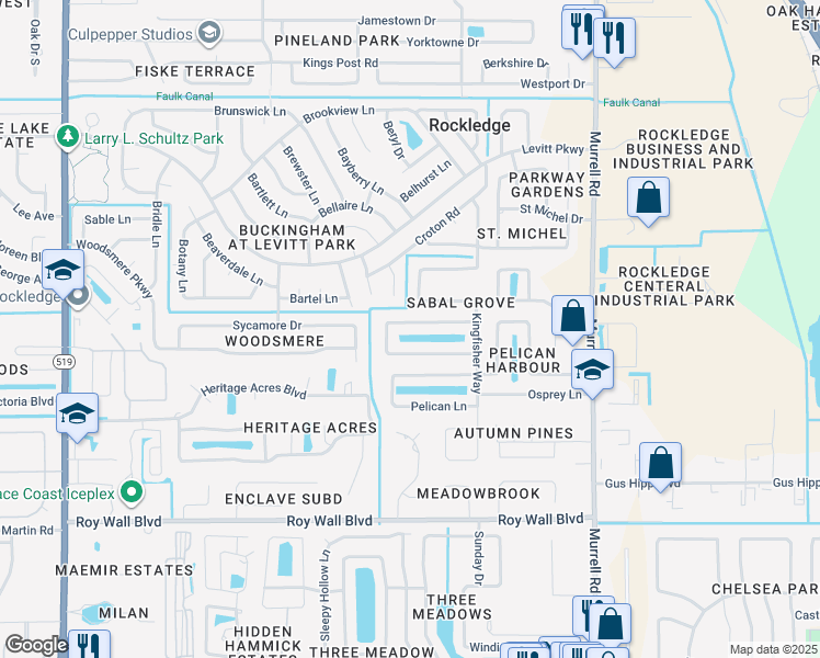 map of restaurants, bars, coffee shops, grocery stores, and more near 1019 Jacaranda Circle in Rockledge