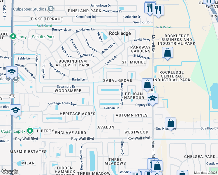 map of restaurants, bars, coffee shops, grocery stores, and more near 1013 Jacaranda Circle in Rockledge