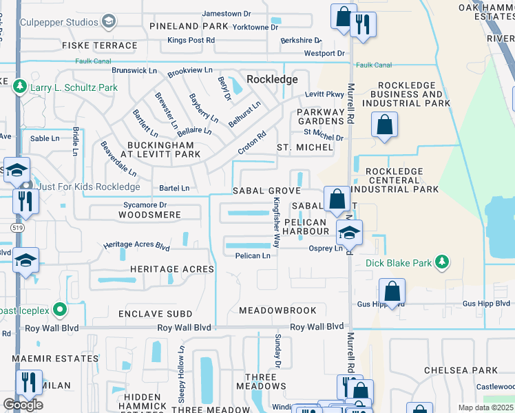 map of restaurants, bars, coffee shops, grocery stores, and more near 1013 Jacaranda Circle in Rockledge