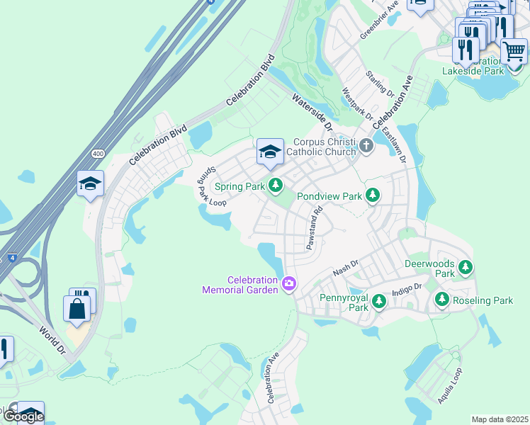 map of restaurants, bars, coffee shops, grocery stores, and more near 1111 Croton Road in Celebration