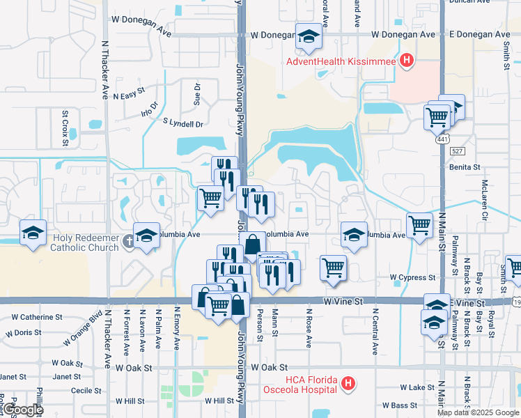 map of restaurants, bars, coffee shops, grocery stores, and more near 1131 Spring Meadow Drive in Kissimmee
