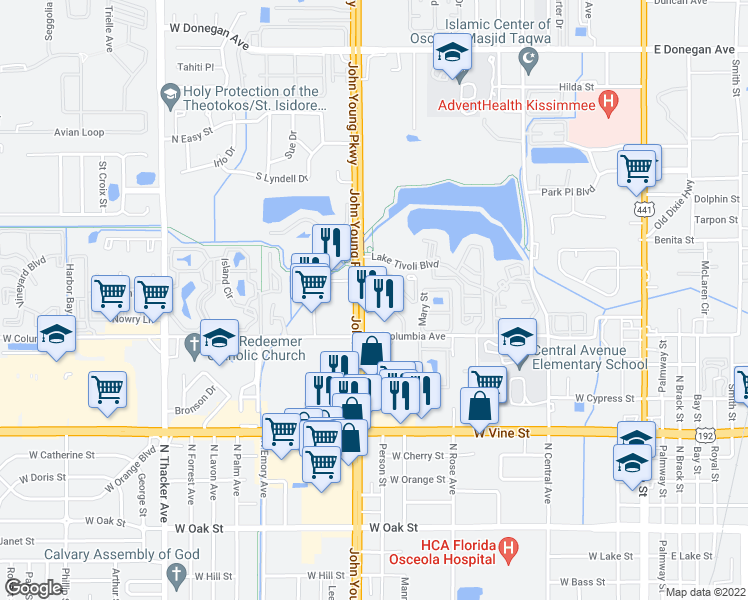 map of restaurants, bars, coffee shops, grocery stores, and more near 1131 Spring Meadow Drive in Kissimmee