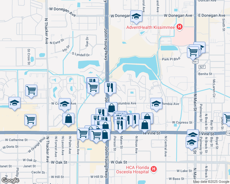 map of restaurants, bars, coffee shops, grocery stores, and more near 1101 Spring Meadow Drive in Kissimmee