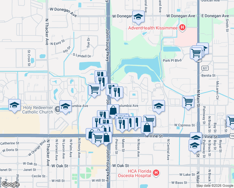 map of restaurants, bars, coffee shops, grocery stores, and more near 1131 Spring Meadow Drive in Kissimmee