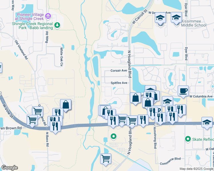 map of restaurants, bars, coffee shops, grocery stores, and more near 4178 Spitfire Avenue in Kissimmee