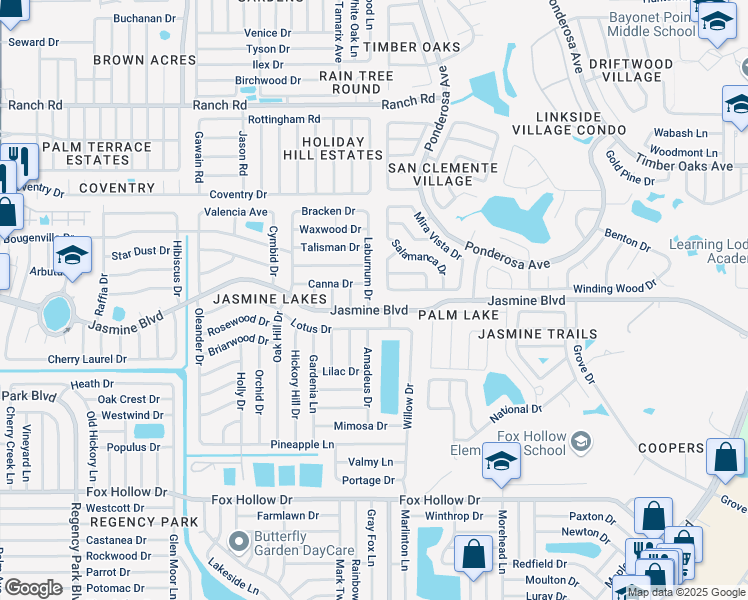 map of restaurants, bars, coffee shops, grocery stores, and more near 10438 Laburnum Drive in Port Richey