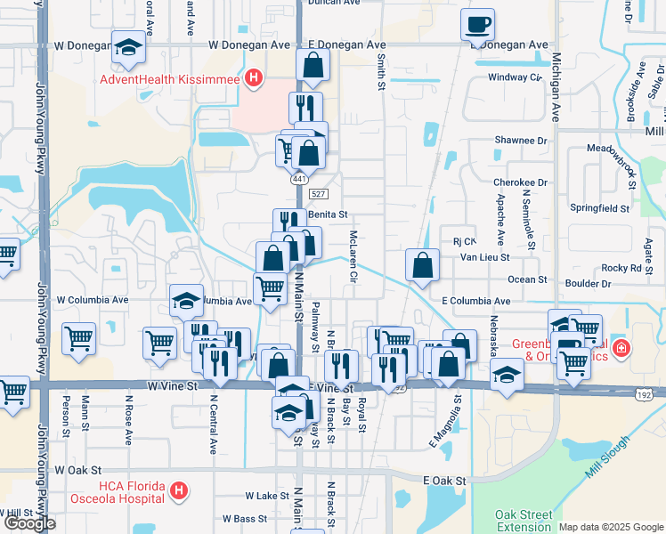map of restaurants, bars, coffee shops, grocery stores, and more near 2007 North Brack Street in Kissimmee