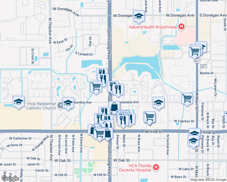 map of restaurants, bars, coffee shops, grocery stores, and more near 1131 Spring Meadow Drive in Kissimmee