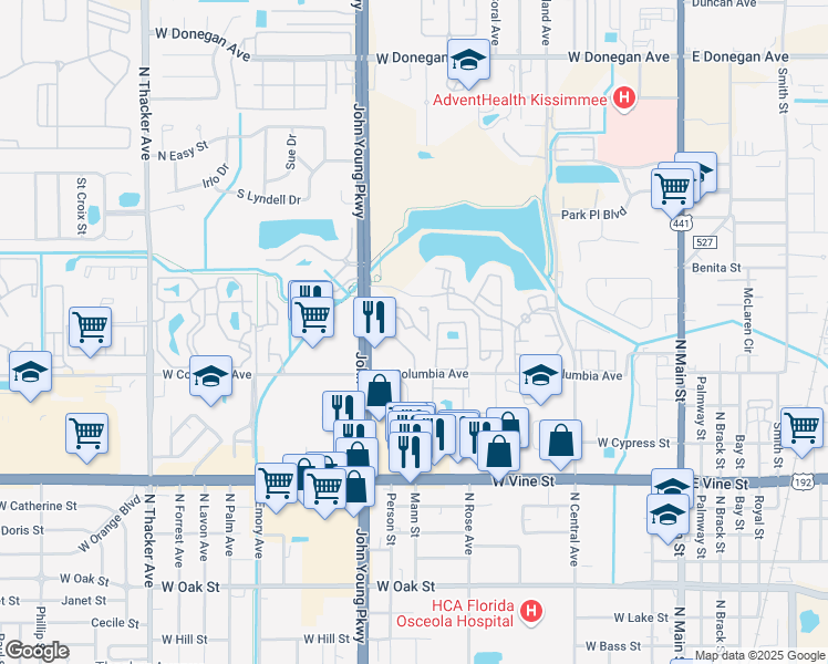 map of restaurants, bars, coffee shops, grocery stores, and more near 1024 Barcelona Drive in Kissimmee