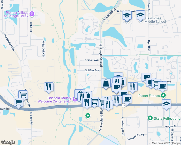 map of restaurants, bars, coffee shops, grocery stores, and more near 4144 Spitfire Avenue in Kissimmee