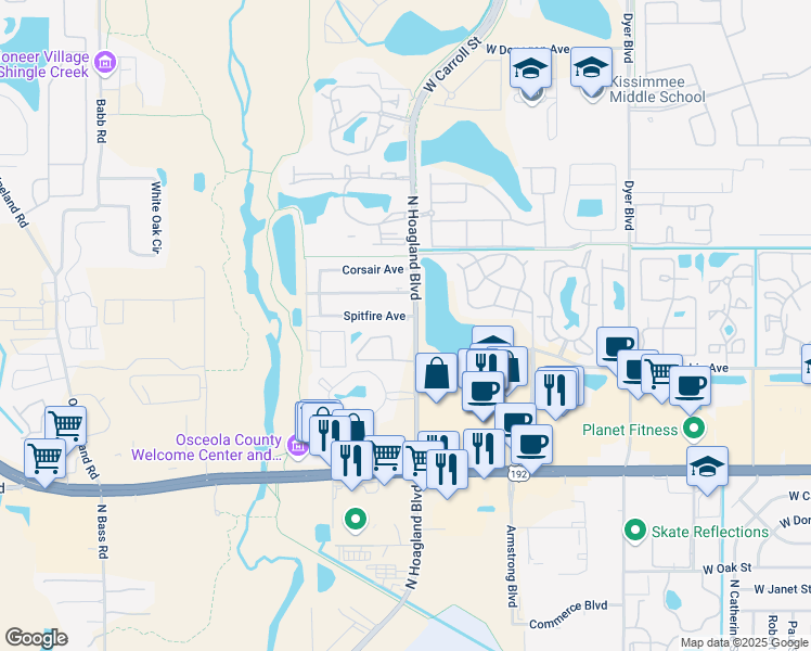 map of restaurants, bars, coffee shops, grocery stores, and more near 4106 Spitfire Avenue in Kissimmee