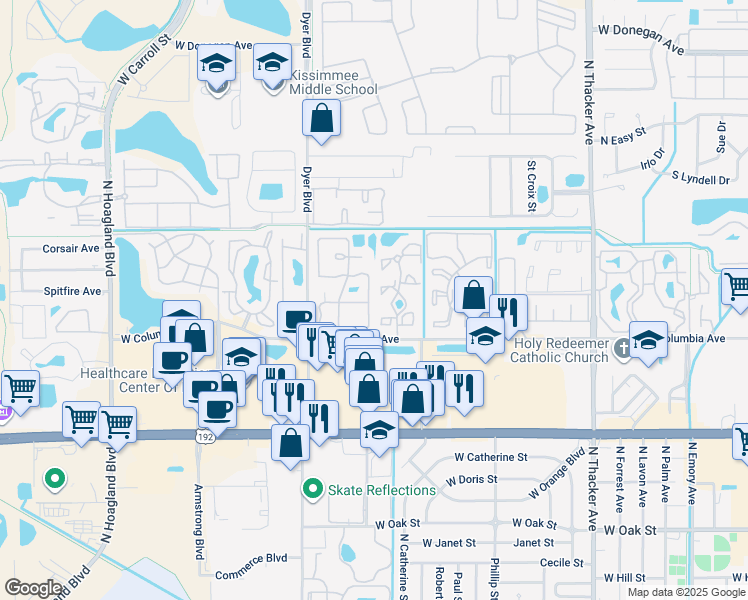 map of restaurants, bars, coffee shops, grocery stores, and more near 1835 Bentley Boulevard in Kissimmee