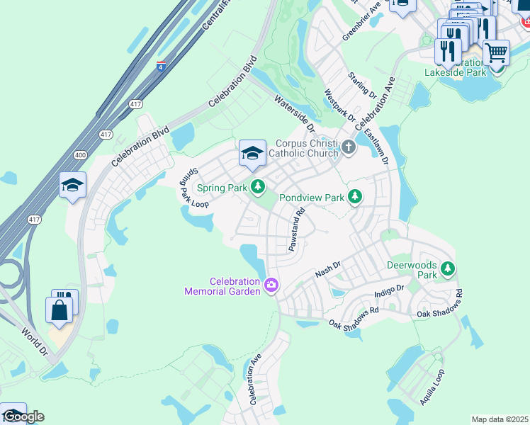 map of restaurants, bars, coffee shops, grocery stores, and more near 940 Spring Park Street in Kissimmee