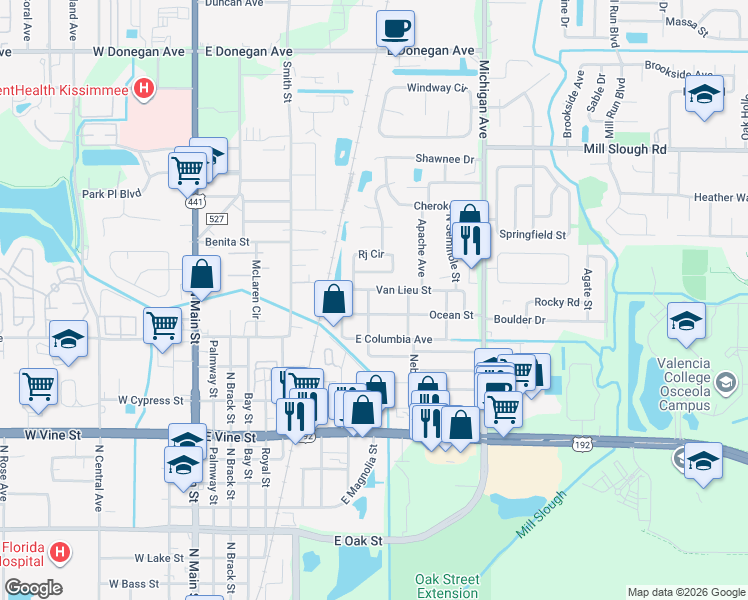 map of restaurants, bars, coffee shops, grocery stores, and more near 2009 Damon Avenue in Kissimmee
