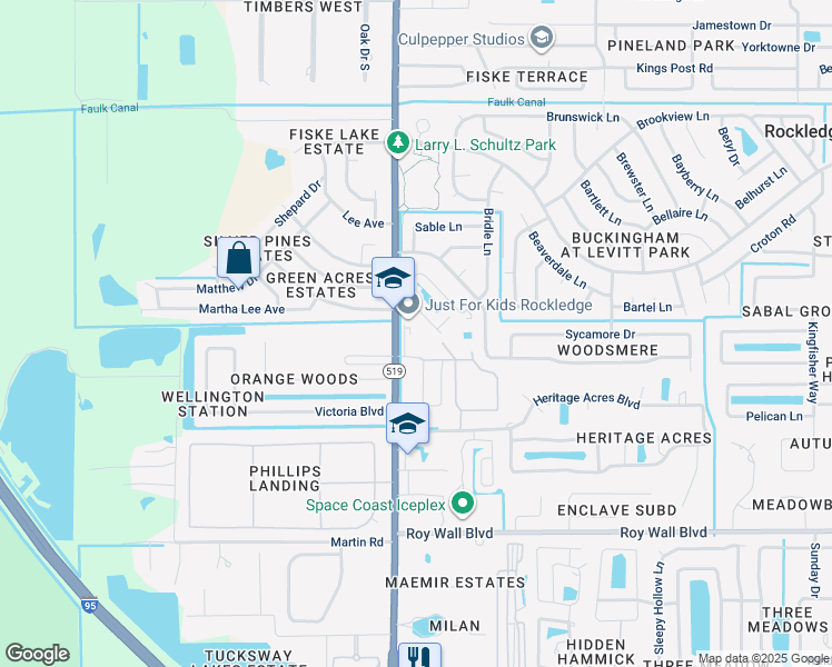 map of restaurants, bars, coffee shops, grocery stores, and more near 3010 South Fiske Boulevard in Rockledge