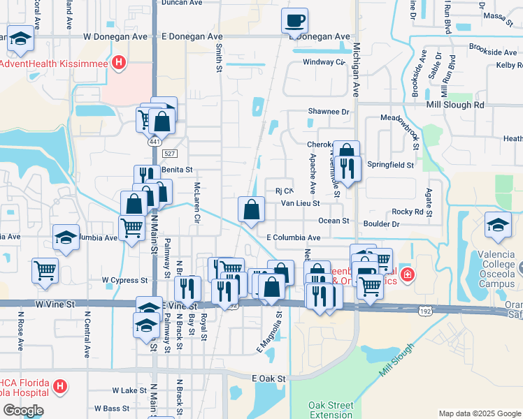 map of restaurants, bars, coffee shops, grocery stores, and more near 719 Ocean Street in Kissimmee