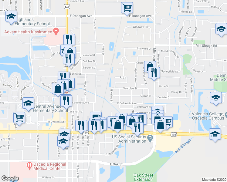 map of restaurants, bars, coffee shops, grocery stores, and more near 719 Ocean Street in Kissimmee
