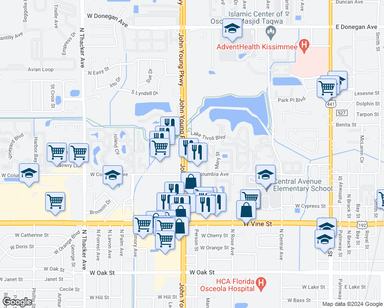 map of restaurants, bars, coffee shops, grocery stores, and more near 1131 Spring Meadow Drive in Kissimmee
