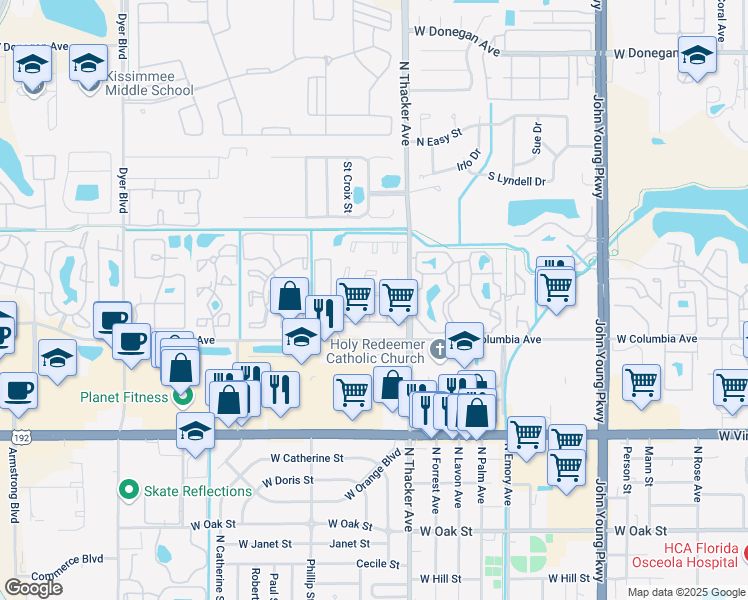 map of restaurants, bars, coffee shops, grocery stores, and more near 2102 Fountain Boulevard in Kissimmee