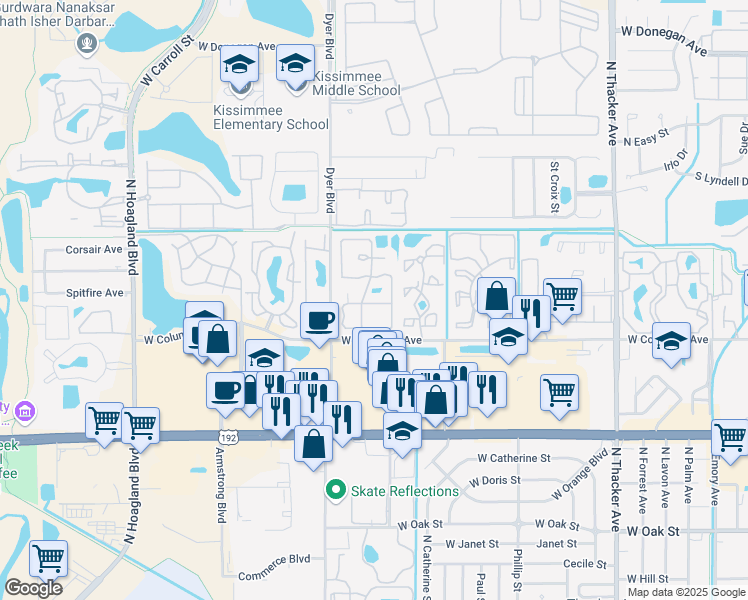 map of restaurants, bars, coffee shops, grocery stores, and more near 3143 Hempstead Avenue in Kissimmee