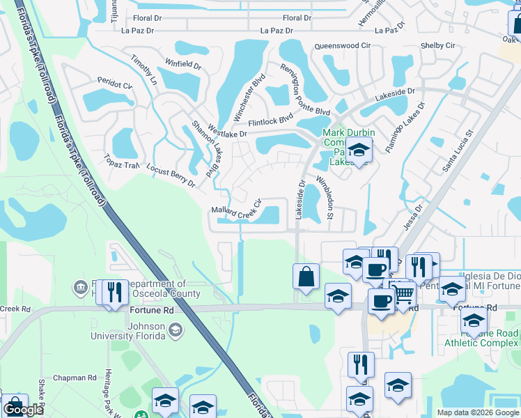 map of restaurants, bars, coffee shops, grocery stores, and more near 2155 Mallard Creek Circle in Kissimmee