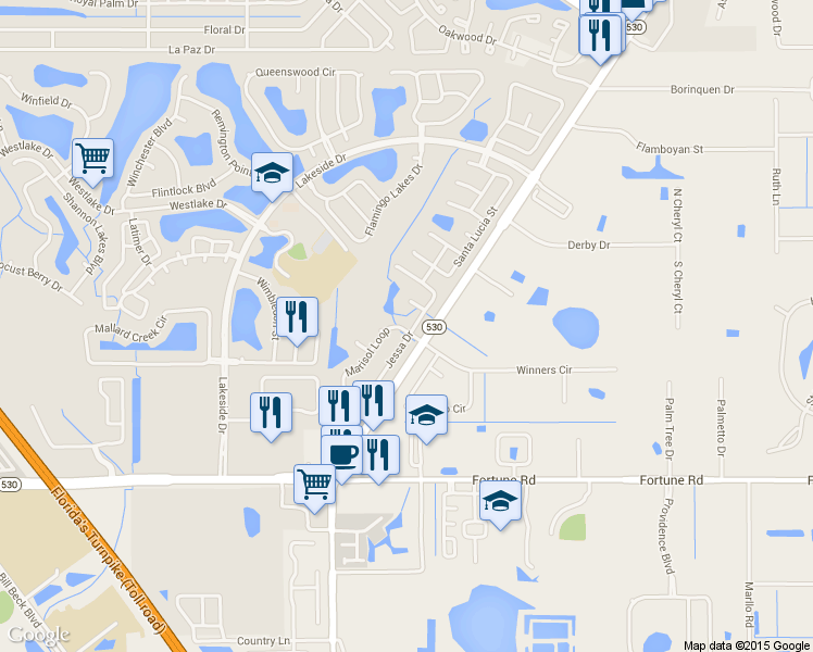 map of restaurants, bars, coffee shops, grocery stores, and more near 2158 Jessa Drive in Kissimmee