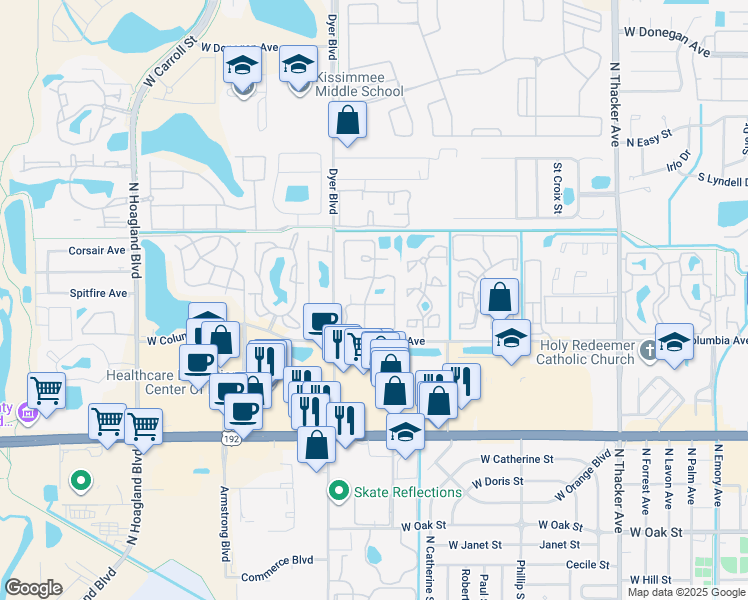 map of restaurants, bars, coffee shops, grocery stores, and more near 3143 Hempstead Avenue in Kissimmee