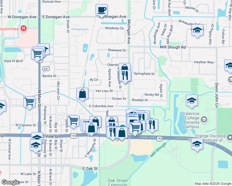 map of restaurants, bars, coffee shops, grocery stores, and more near 2012 Seminole Avenue in Kissimmee