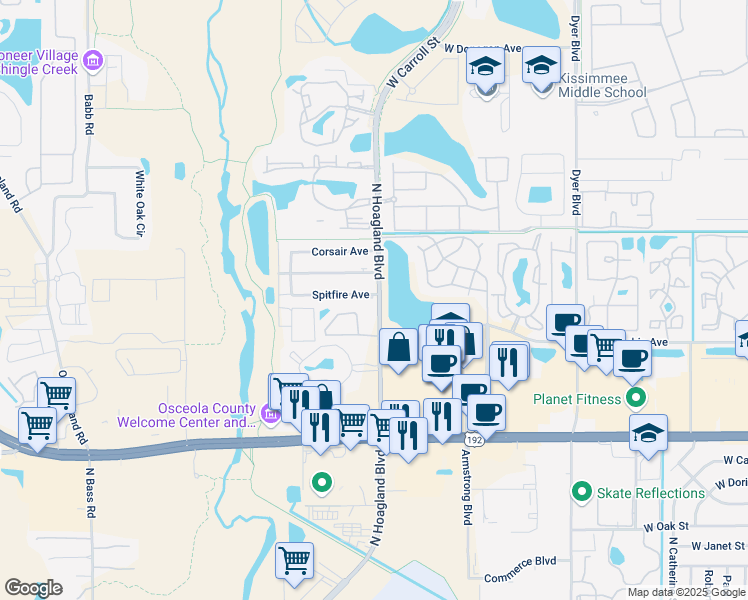 map of restaurants, bars, coffee shops, grocery stores, and more near 4102 Spitfire Avenue in Kissimmee