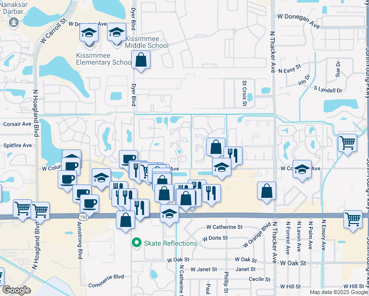 map of restaurants, bars, coffee shops, grocery stores, and more near 2100 Cascades Boulevard in Kissimmee